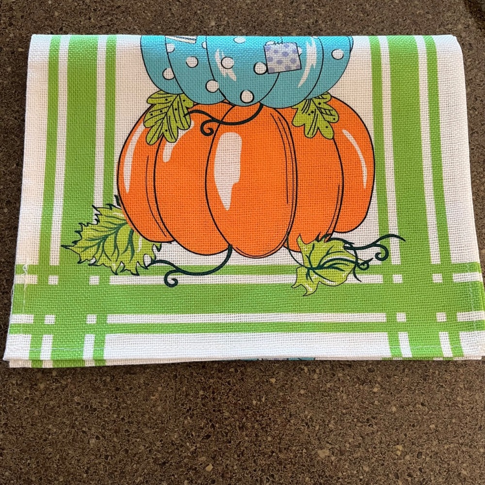 Hello Fall Stacked Pumpkin Table Runner Green White Stripes Autumn Harvest Decor
